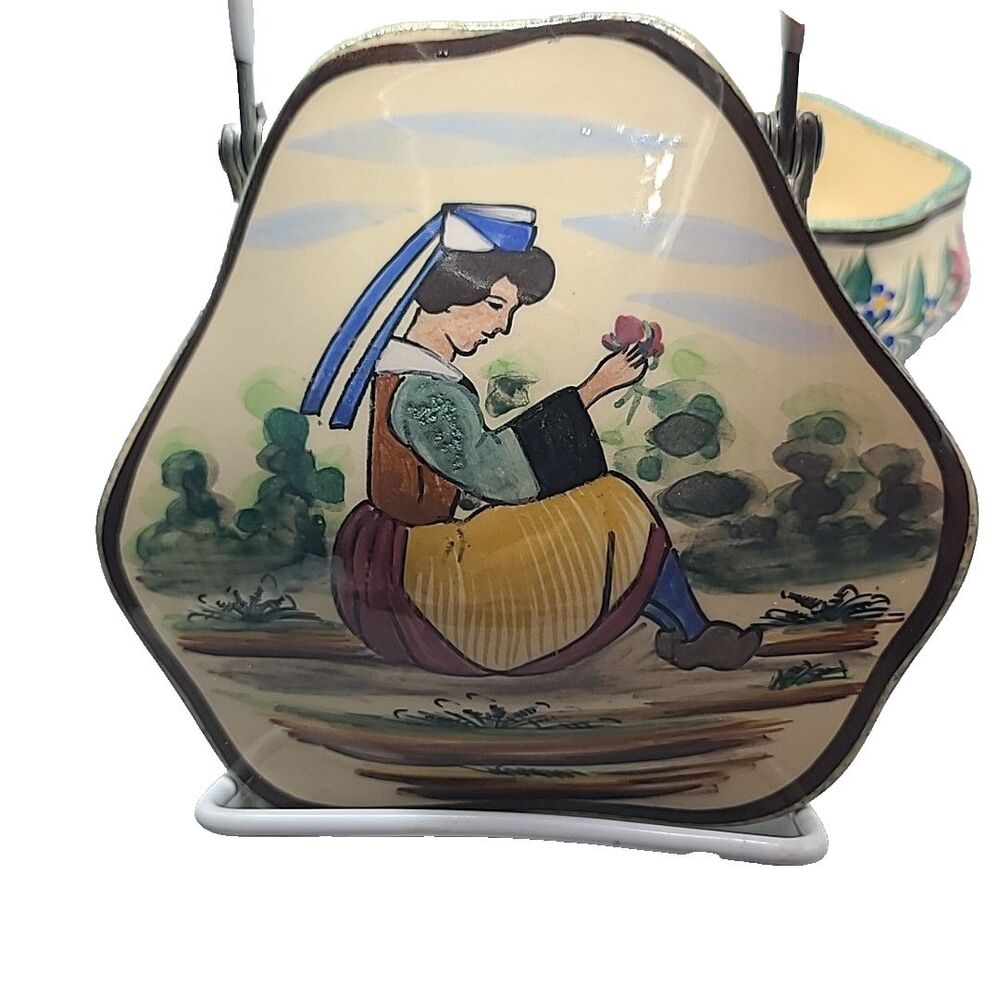 Vintage Henriot Quimper France Pottery Hand Painted Lidded Trinket Box 6.5"